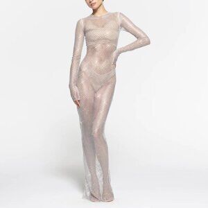 SKIMS | Stretch Net Long Sleeve Maxi Dress Embellished With Swarovski Crystals